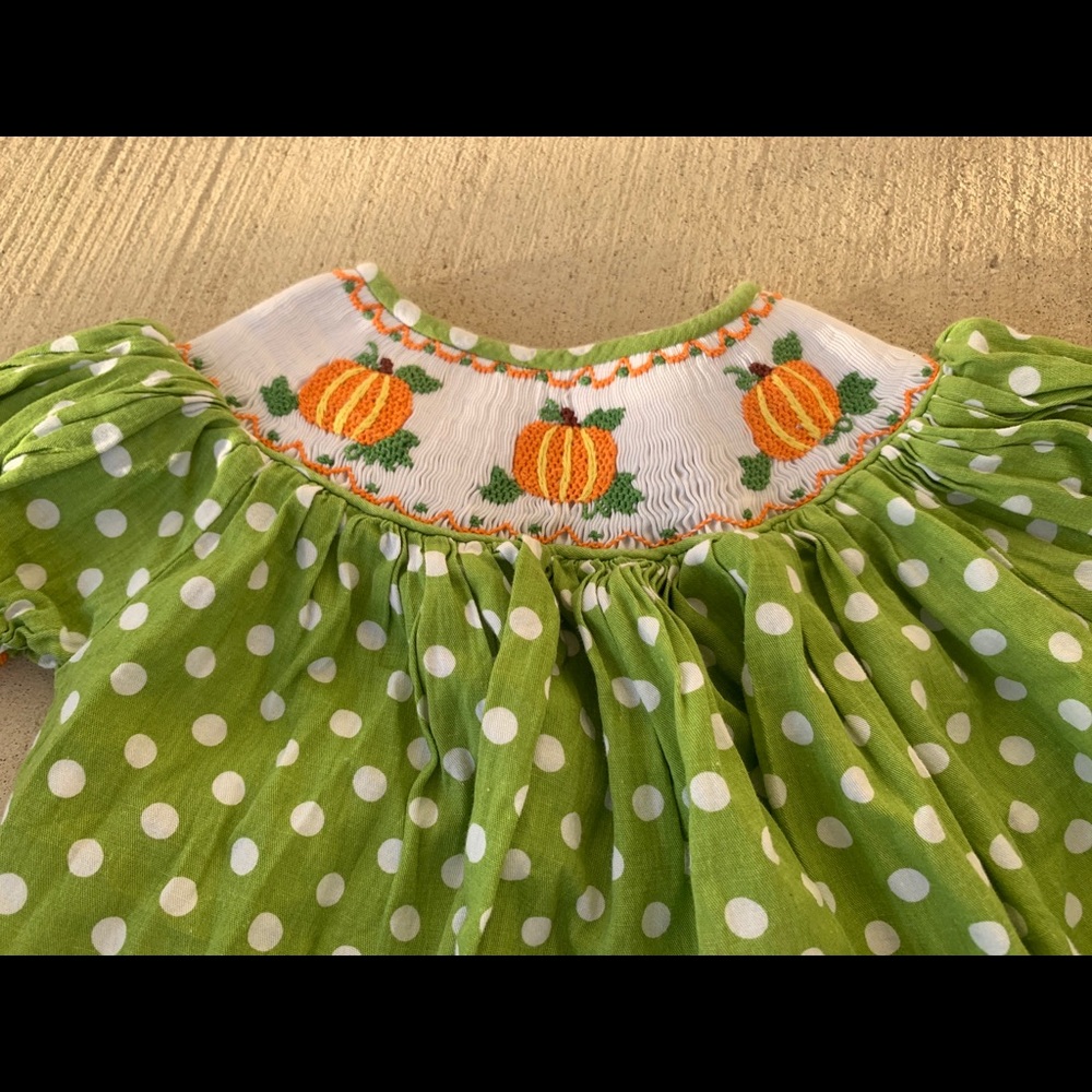 Sew Sew Cute Smocked Green Dot Dress Pumpkins 2T